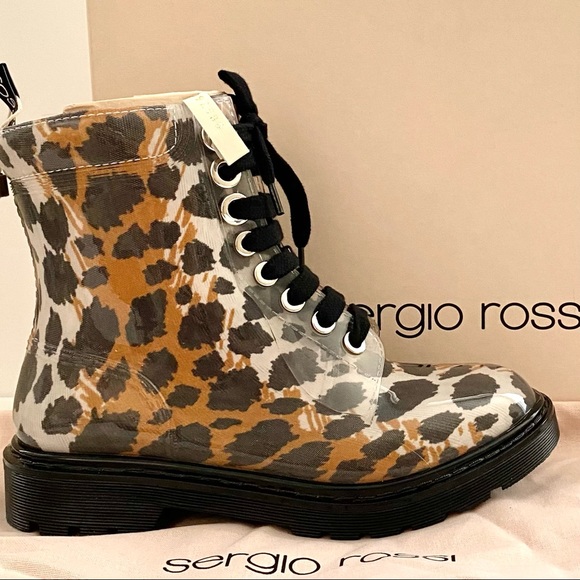 NWT: SERGIO ROSSI | Leopard-print and Clear PVC combat boots - Picture 11 of 12